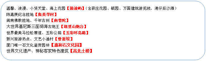 圓角矩形: 溫馨、浪漫、小資天堂、海上花園【鼓浪嶼】（含菽莊花園、毓園、萬國建筑游覽線、港仔后沙灘）
陳嘉庚紀念勝地【集美學村】
閩南佛教勝地、千年古剎【南普陀】
大世界基尼斯三面倚海古炮王【胡里山炮臺】
世界最美馬拉松賽道、五彩公路【五彩環島路】
新興旅游熱點、文藝小漁村【曾厝垵】
廈門唯一石文化鑒賞園林【惠和石文化園】
世界文化遺產、神秘客家特色建筑【高北土樓】
